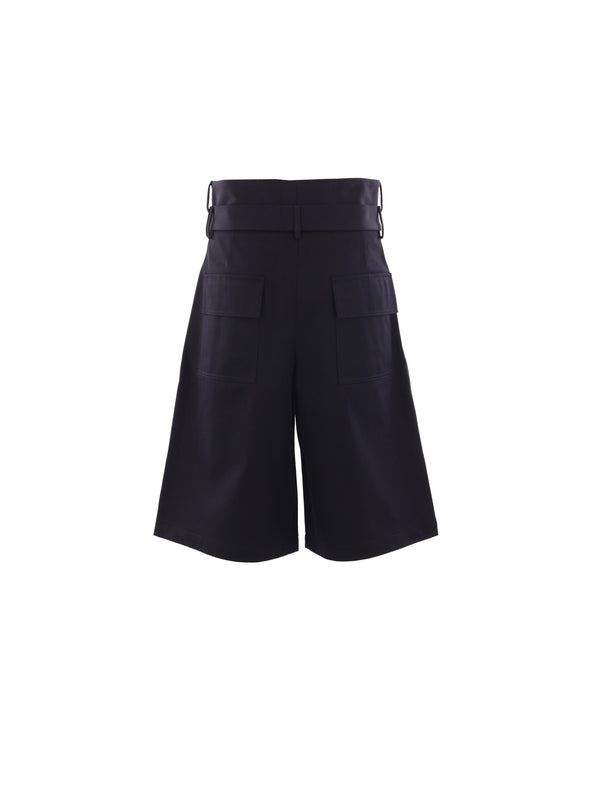 Belt Loop Detail Pleats Cotton Shorts