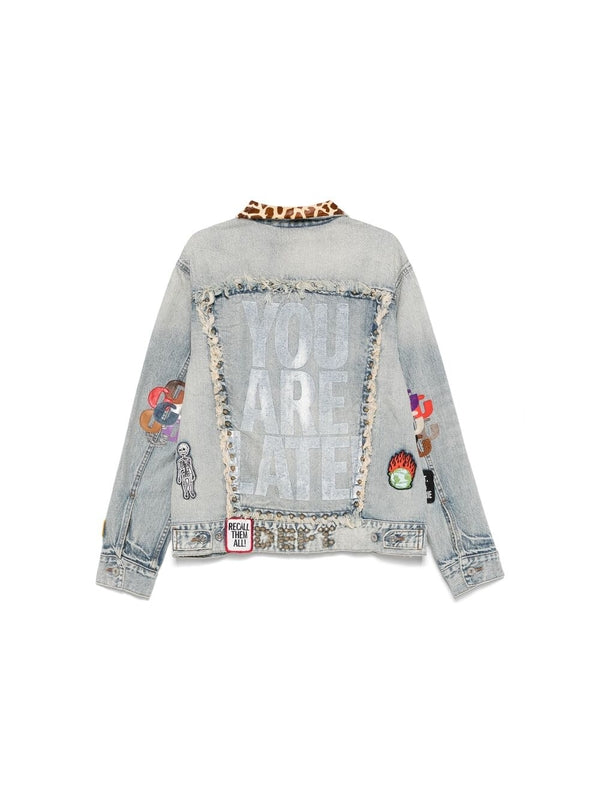 Logo Patch Animal Pattern Collar Denim Jacket