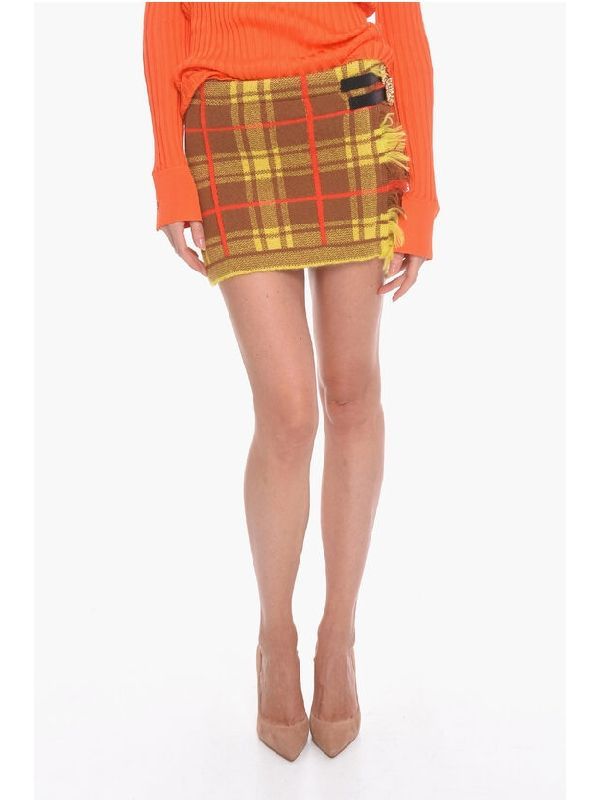 Tracy Check Fringe Wool Wrap Skirt