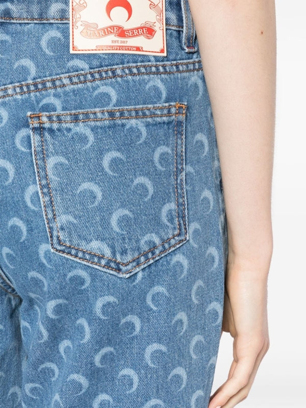 Allover Moon Print Cotton Denim Pants