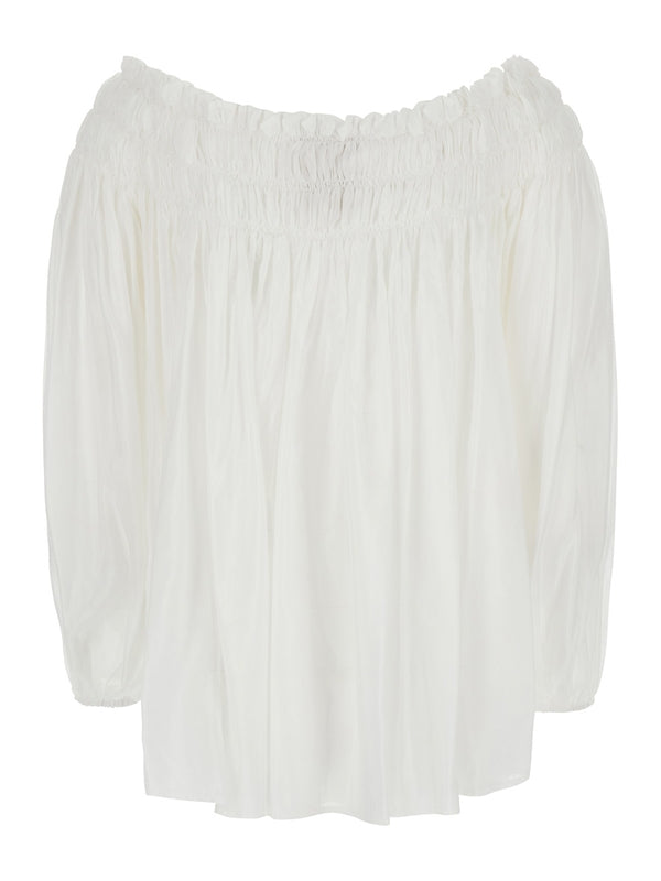 Gathering Open Shoulder Cotton Silk Blouse