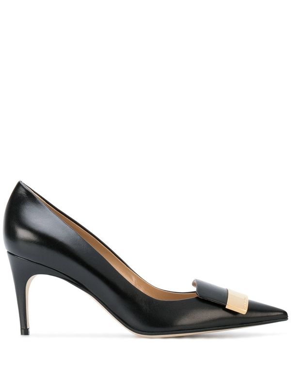 Point Toe Metal Detail Leather Pumps Heel