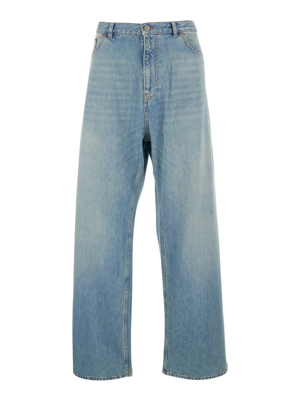 Blue Five-Pocket Jeans with Applied Logo Patch on the Back in Denim Man Denim Pants
