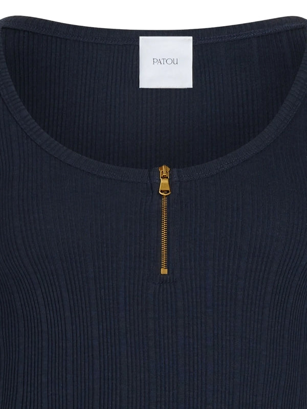 Half Zip Ribbed Cotton Short Sleeve Knit