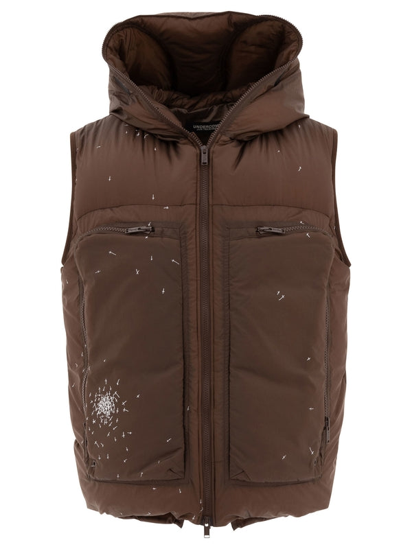 Embroidery Detail Nylon Hood Padding Vest