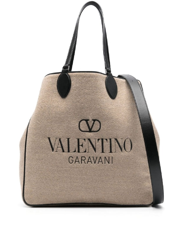 V Logo Wool Blend Tote Shoulder Bag