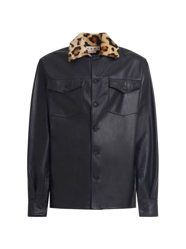 Animal Shearling Collar Leather Shirt