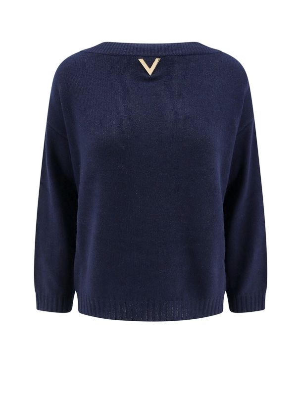 Blue Sweater with VLogo Detail in Cashmere Woman Knitted