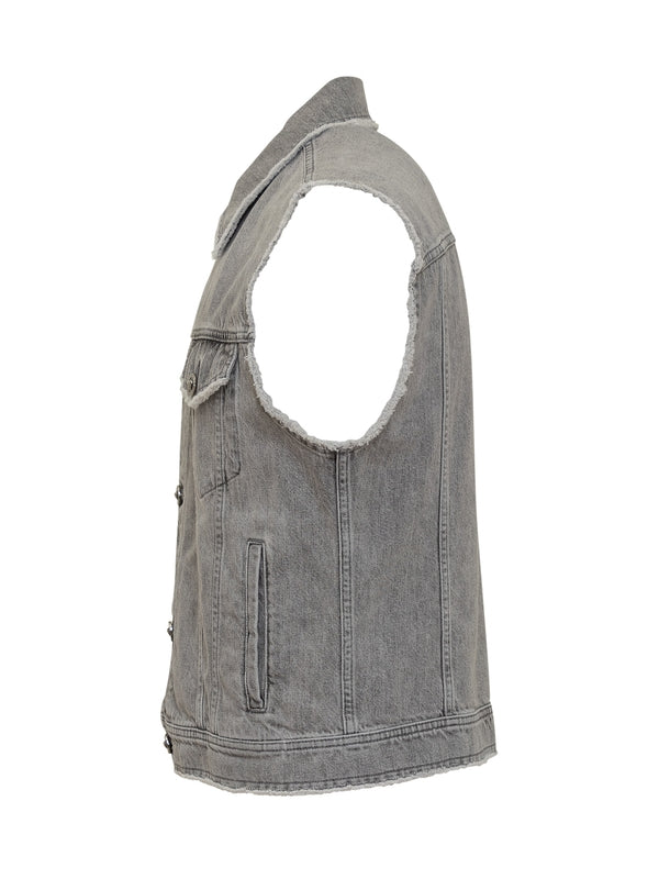 Back Logo Patch Frayed Denim Vest