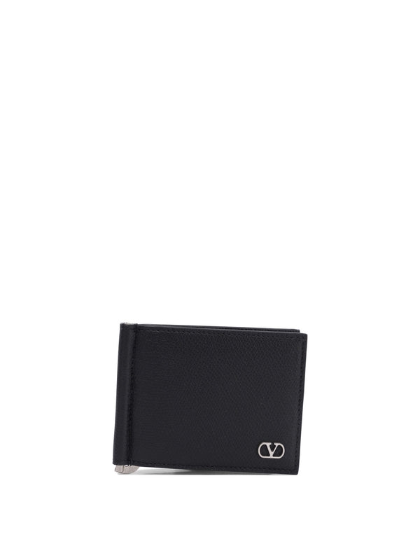 V Logo Leather Money Clip Wallet