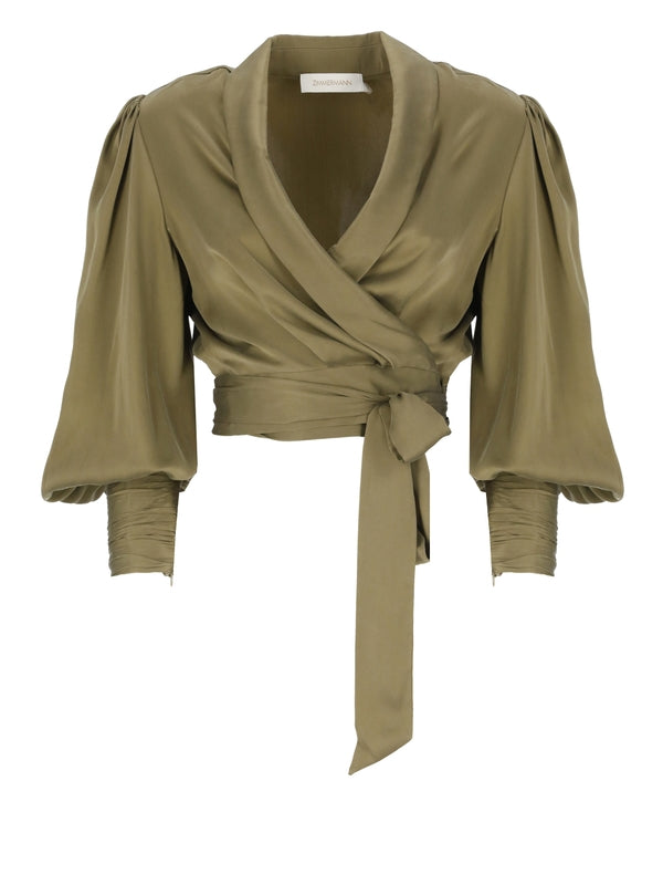 Wrap Detail Puff Sleeve Silk Blouse