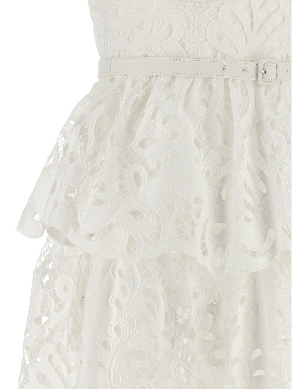 Belt Detail Lace Midi Dress