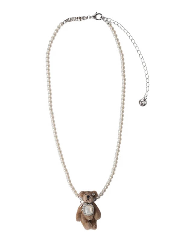 Square Stone Plush Bear Pearl Necklace