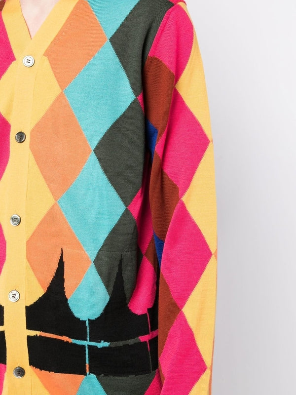 Diamond Color Pattern V-Neck Wool Cardigan