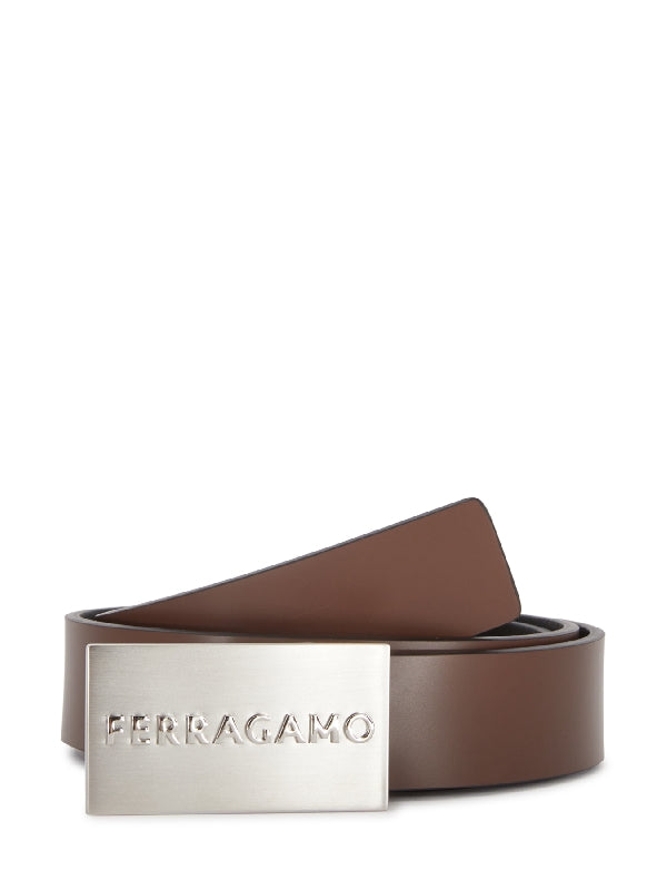 Embossed Logo Buckle Leather Belt