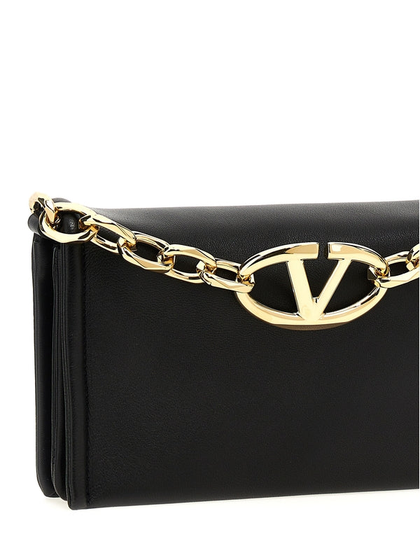 V Logo Chain Leather Clutch
  Bag