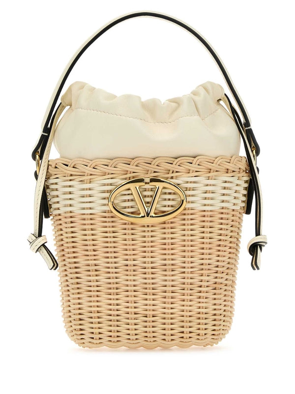 V Logo Raffia Bucket Bag