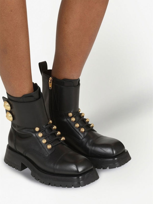 Button Detail Leather Lace-Up Boots