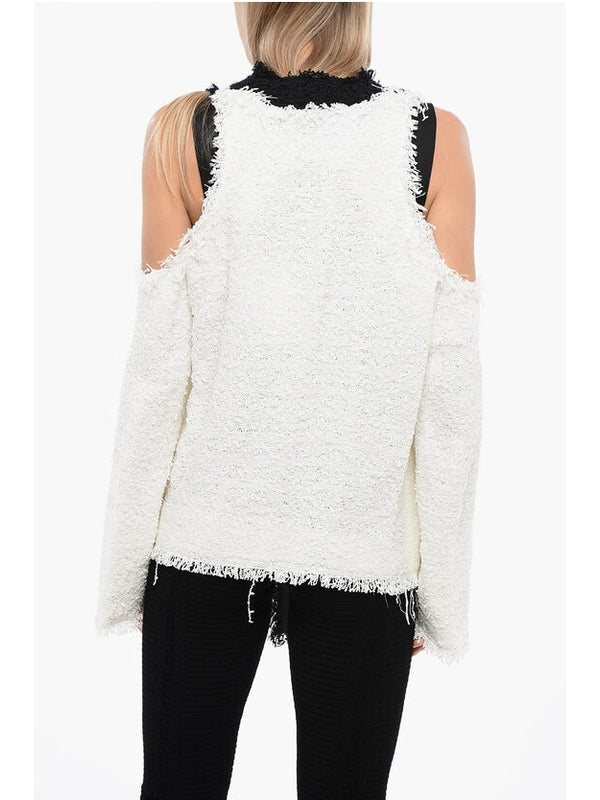 Shoulder Cutout Fringe Tweed Cardigan