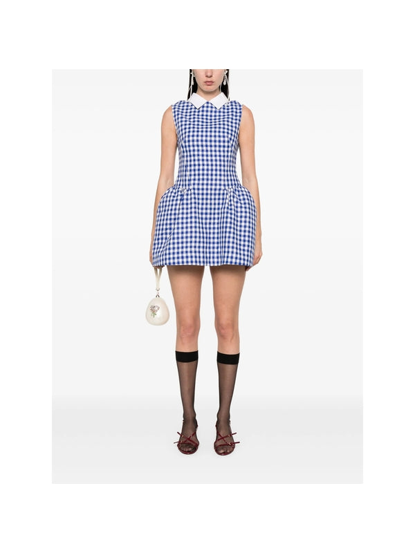 Gingham Check Pattern Wool Linen Mini Dress