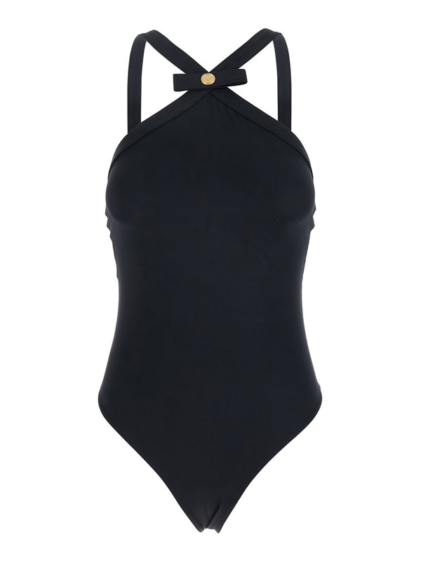 Black One-Piece Swimsuit with Medusa Head Detail in Tech Fabric Woman Beachwear