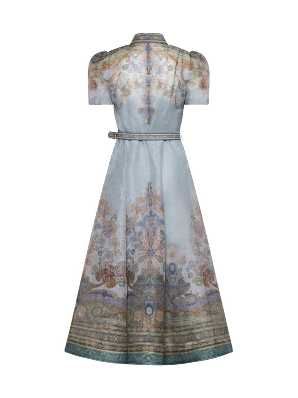 All-Over Printed Belted Linen Silk Long Dress