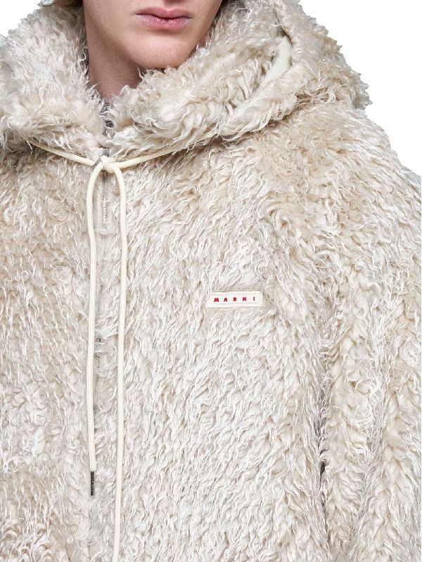 Logo Patch Faux Fur Hooded
  Jacket