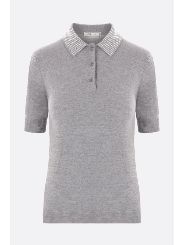 Rhinestone Embellished Wool Cashmere Polo
  Shirt