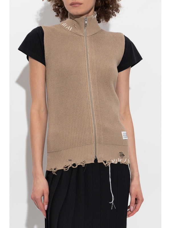 Stitch Detail Sleeveless Knit Zip-Up