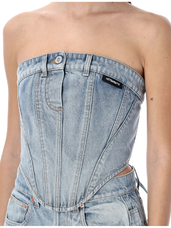 Logo Tab Detail Denim Corset Top