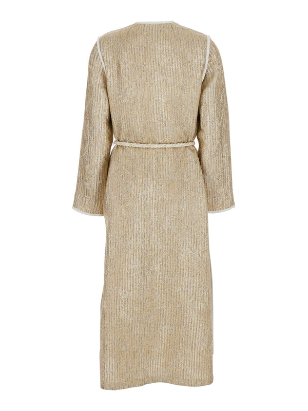 'Twinkle' Beige Coat with V-Neck on the Front and Adjustable Waist Belt in Lurex Woman Coats