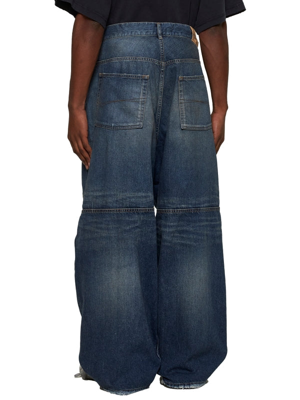 Vintage Washing Double-Knee Denim Pants