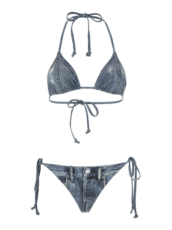 Denim Effect Printed Bikini Set