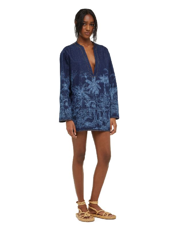 Jungle Printing Denim Mini Dress