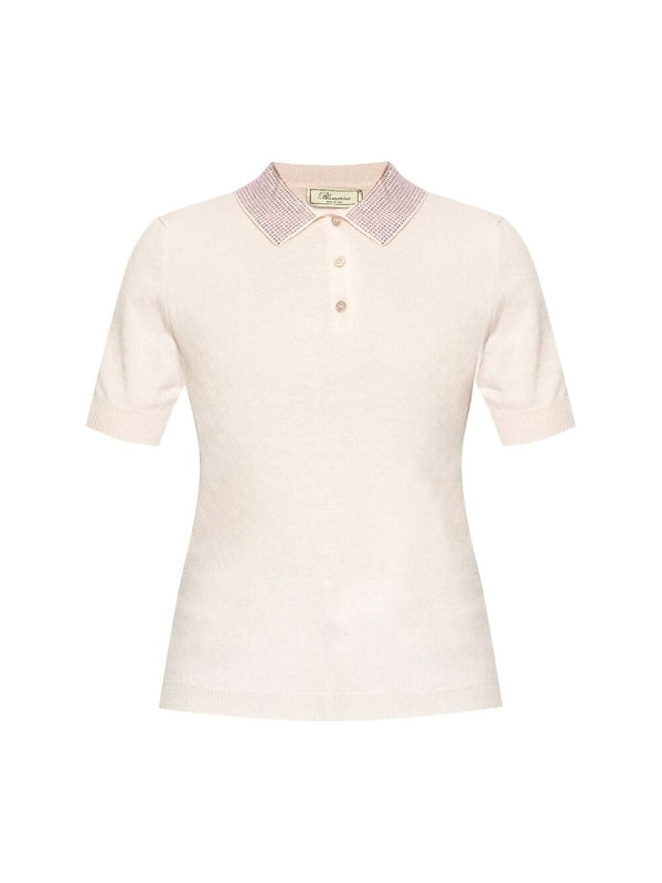 Rhinestone Collar Wool Cashmere Polo
  Shirt