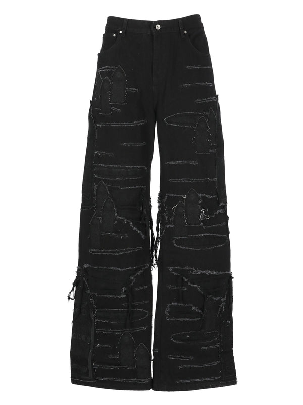 Distress Detail Wide Denim Pants