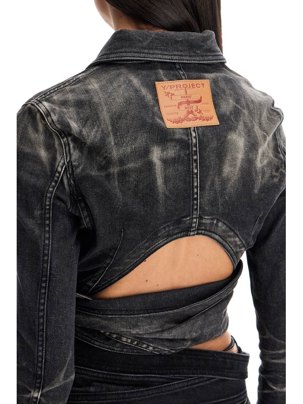 Logo Buckle Wrap Belt Crop Denim Jacket