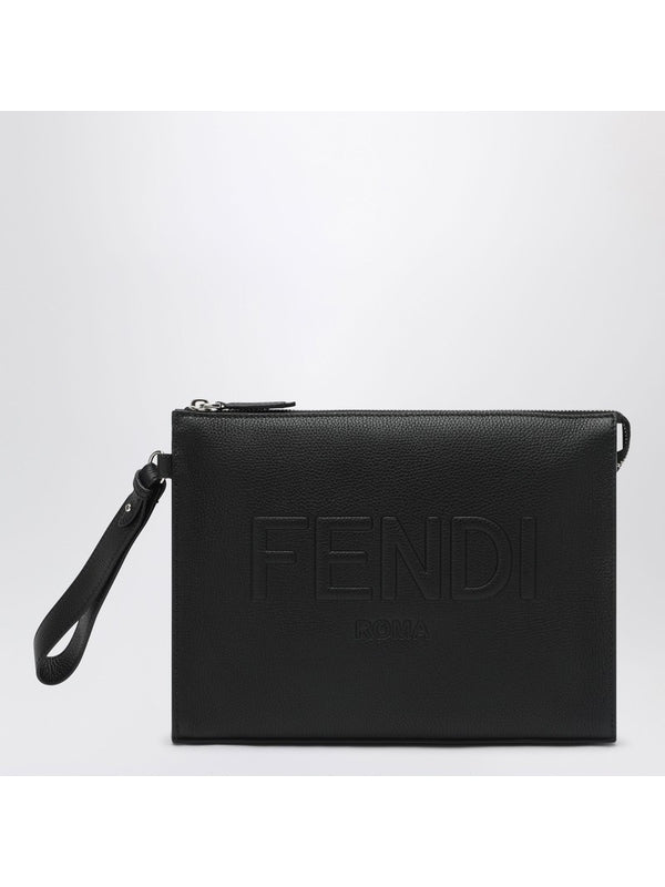 Embossed Logo Leather Clutch Bag