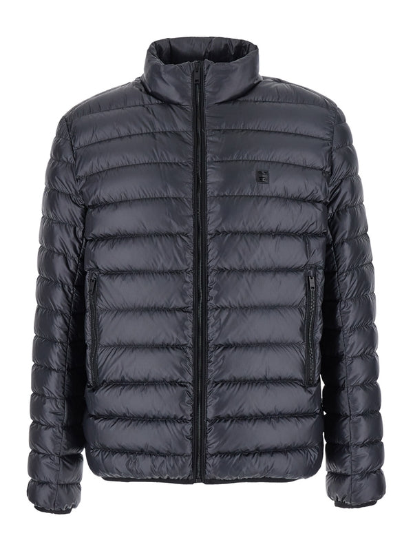 Black High Neck Down Jacket with Logo Detail in Tech Fabric Man Down