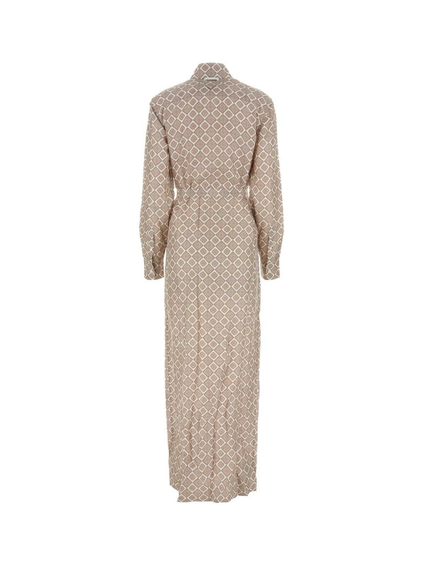 Allover Printing Belt Silk Shirt Dress