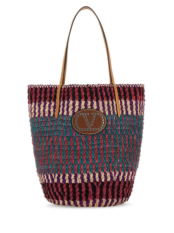 V Logo Patch Raffia Tote Bag