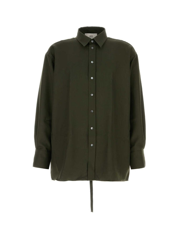 String Detail Button-up Wool Shirt