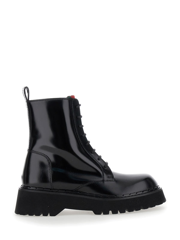 'Thea' Black Ankle Boots with Web Detail in Leather Woman Lace-Up Boots