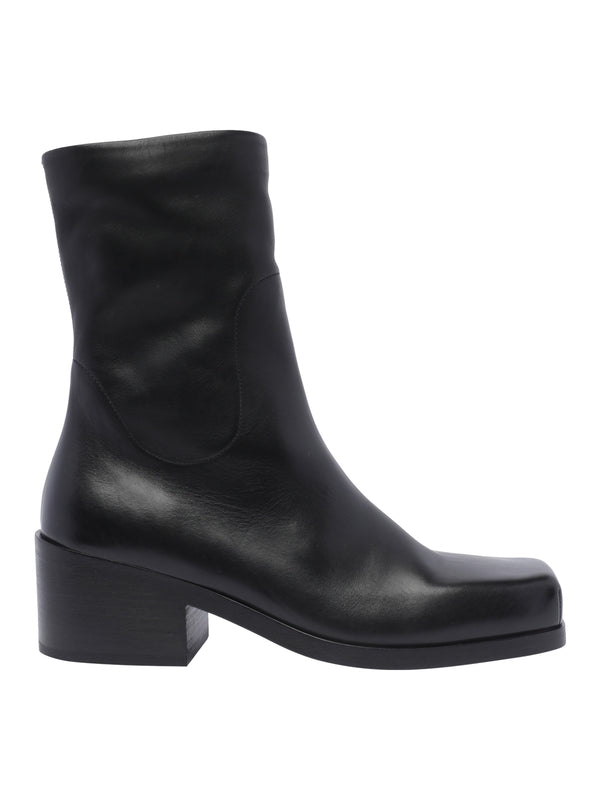 Square Toe Black Leather Ankle Boot Heels