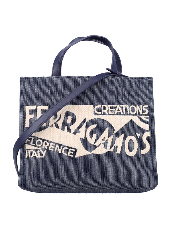FERRAGAMO - Logo Jacquard Denim Small Tote
  Bag - Jente