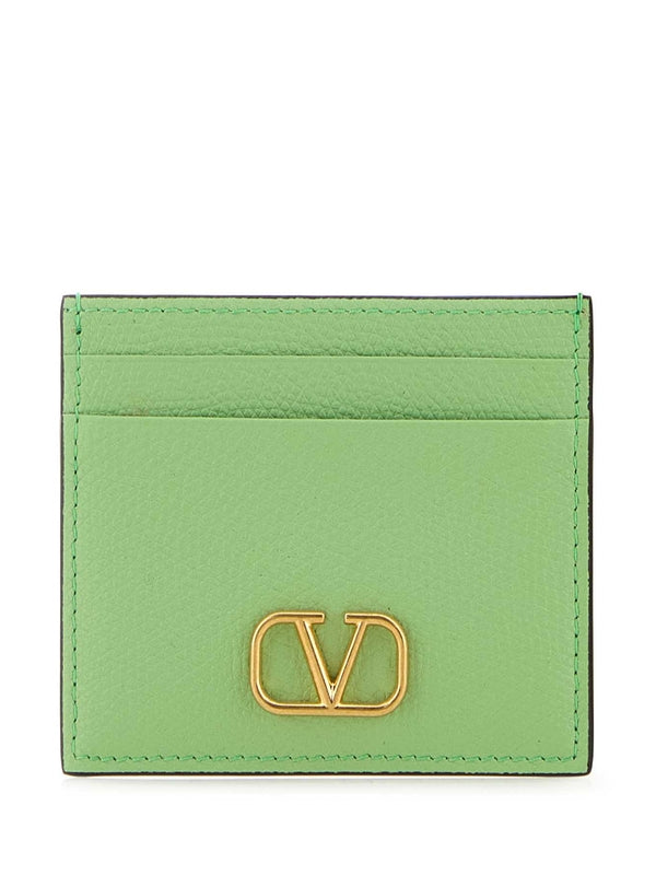 V Logo Leather Card Wallet