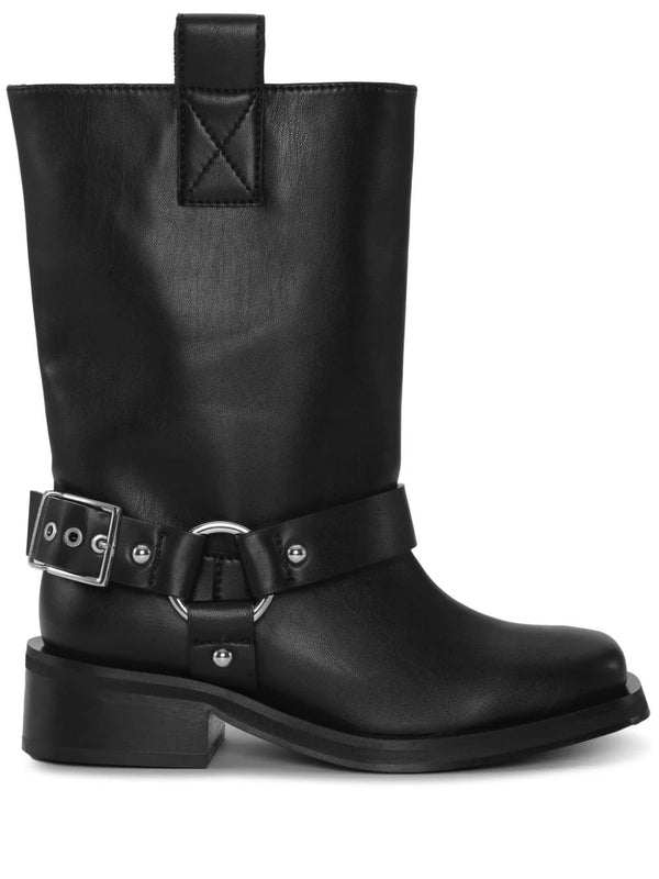 Buckle Detail Leather Biker Boots