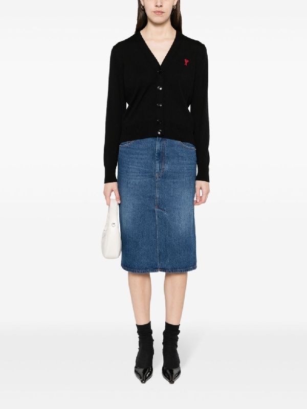 Back Logo Patch Denim Midi Skirt