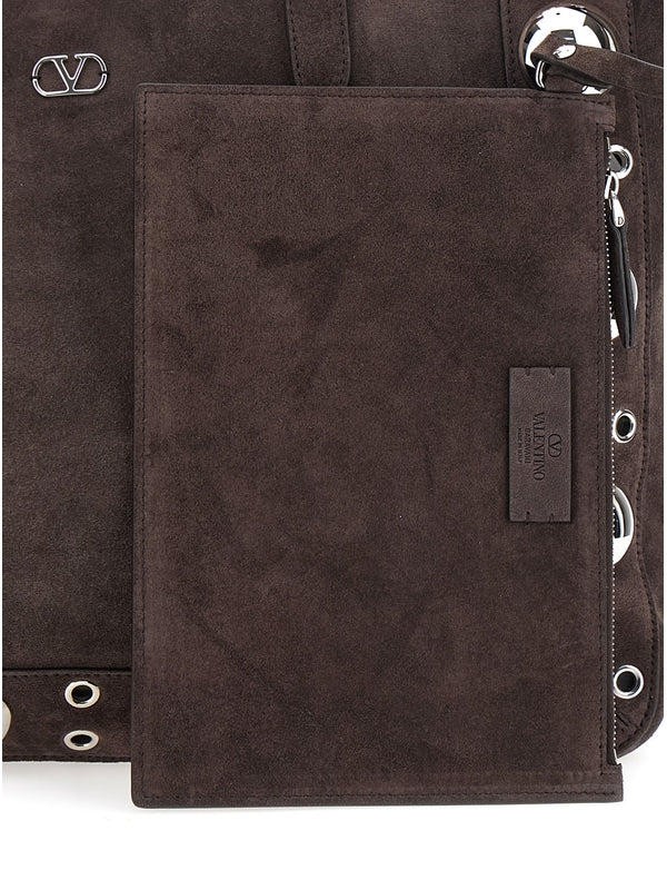 'Nellcote' Brown Tote Bag with VLogo Plaque on the Front and Stud Embellishments in Suede Woman Tote Bags