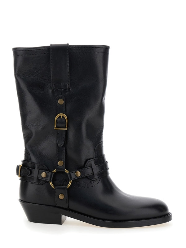 'Heiko' Black Ankle Boots with Studs and Ring in Leather Woman Ankle Boots